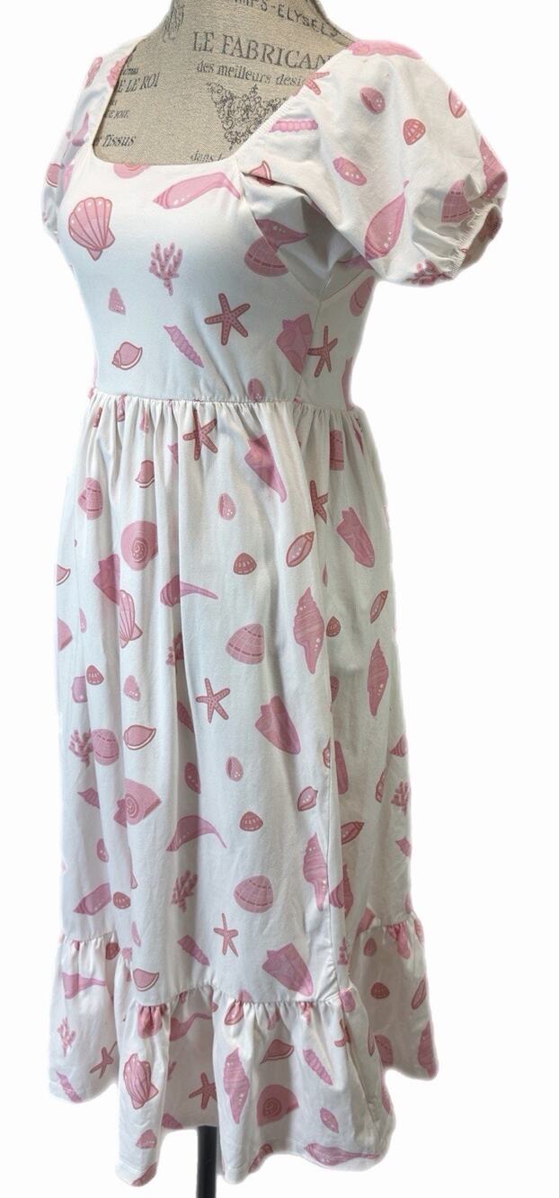 M+A Lounge Women Starfish Print Puff Sleeve Midi Dress Beachwear Seashell Size S